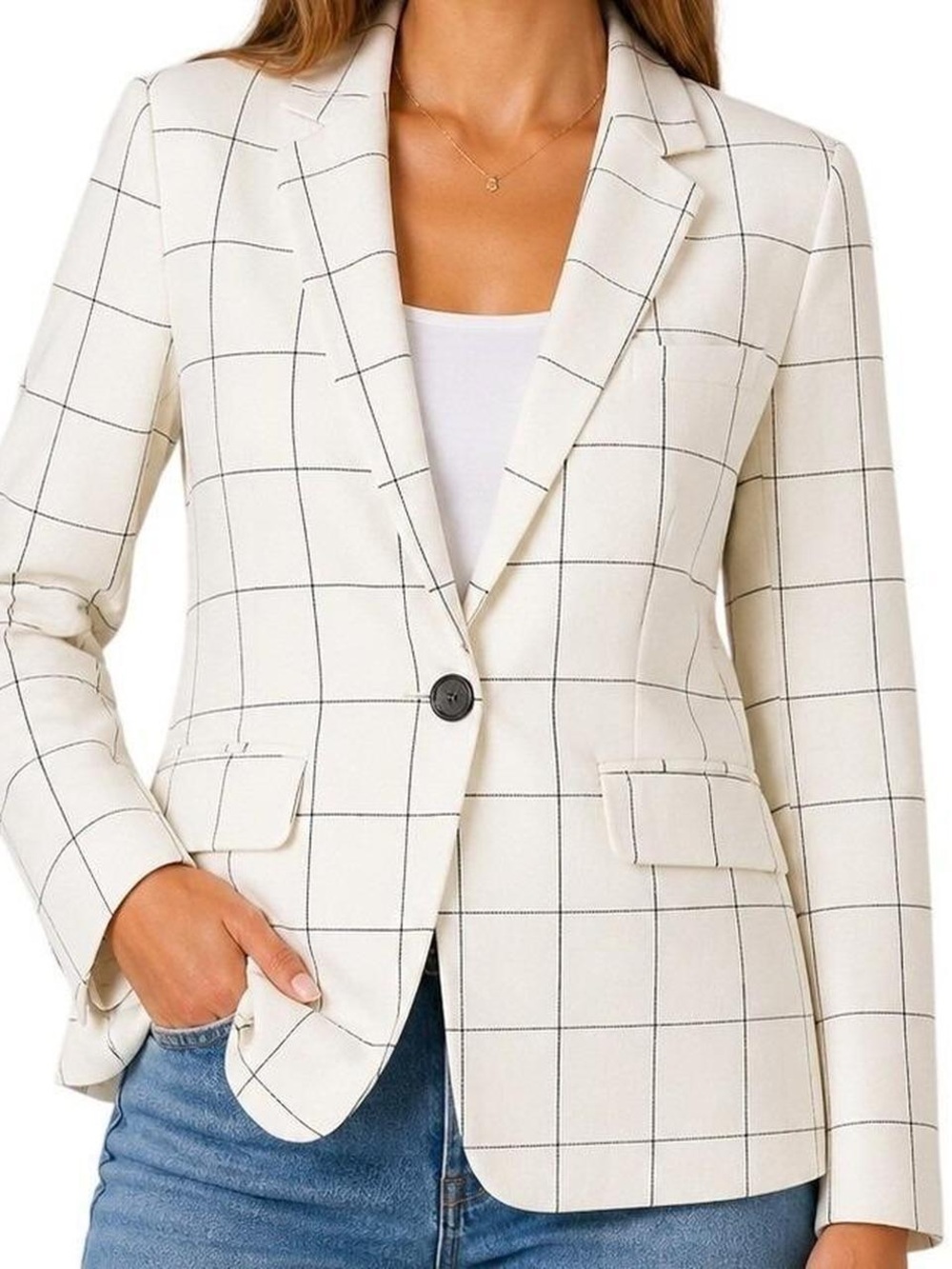Veronica Beard Cream Windowpane Single-Button Blazer